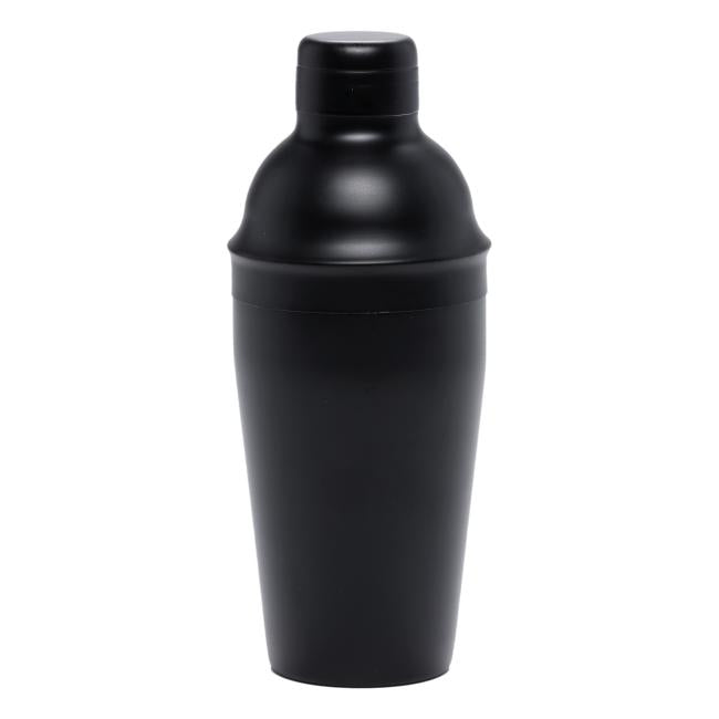 Black cocktail shaker featuring white Dogfish head shark and shield logo on the front with writing "Distilling Co." underneath. The other side of the shaker is solid black.