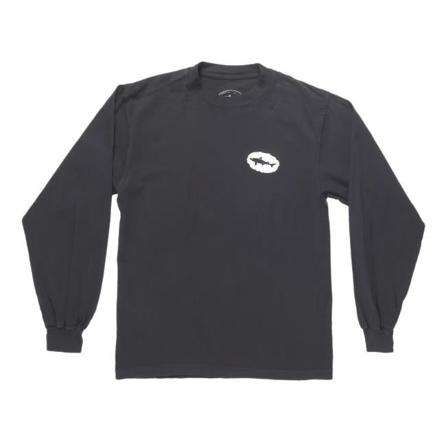 The GO WEST T-SHIRT COMPANY Black Mermaid Long Sleeve Tee features a crew neckline, ribbed cuffs, and a small white oval Dogfish Head logo with a black shark silhouette on the left chest.