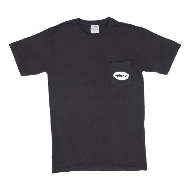 The Black Seaquench Short Sleeve Tee by GO WEST T-SHIRT COMPANY is a plain black 100% ring-spun cotton t-shirt with a small white patch and black shark outline on the left chest pocket.