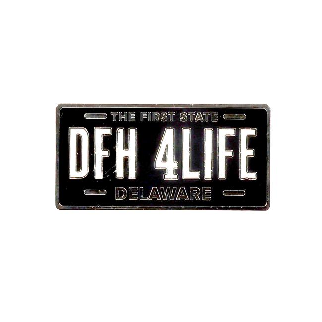 The Black Tag Magnet from Arrasmith Promotions LLC features a black Delaware plate with white "THE FIRST STATE" at the top, bold "DFH 4LIFE" in the center, and "DELAWARE" at the bottom—a must-have for DFH4liferz.