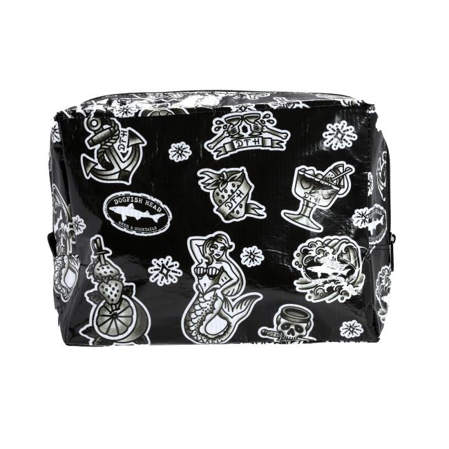 Another angle of the black bag, displaying the same intricate white tattoo-style illustrations. The glossy material reflects light, emphasizing the bold contrast between the black background and white artwork.