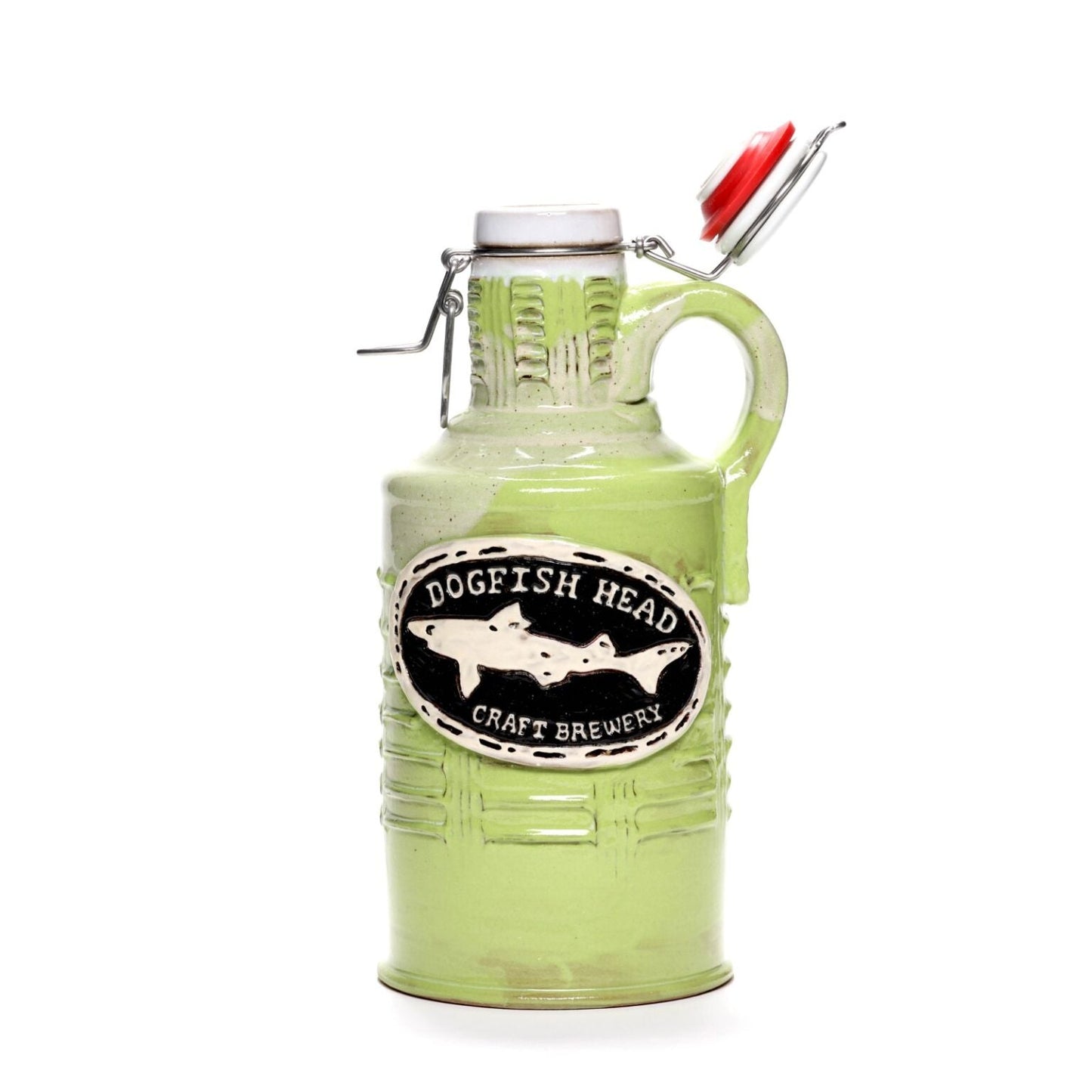 A Citrus Green Ceramic Growler by Romanick Pottery features a handle, flip-top lid, and a black-and-white oval label with a fish silhouette. This handcrafted jug is shown against a white background.