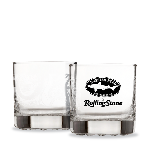 Two clear glasses with Dogfish Head and Rolling Stone logos on a white background