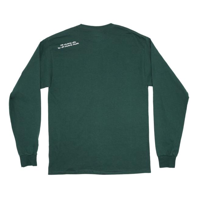 A Dark Green CHAMPION Long Sleeve Tee by GO WEST T-SHIRT COMPANY is shown flat, back facing up. Small white text appears near the left shoulder. Its minimalist, graphic-free design is perfect for Dogfish Head fans who prefer simplicity.