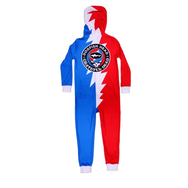 The Dogfish Head x Grateful Dead Adult Onesie by In Your Face Apparel features bold red and blue colors, a white lightning bolt down the middle, and a circular logo on the back—ideal for fans of both legendary brands.