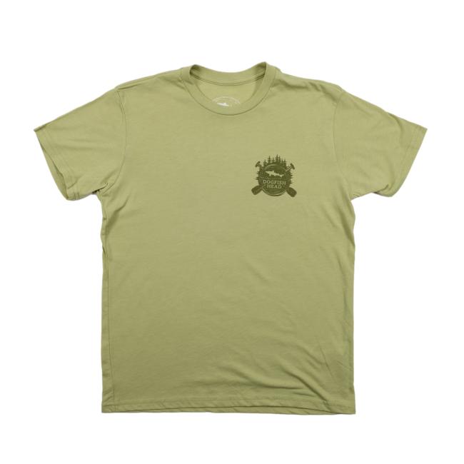 The Fern Camp Short Sleeve Tee by GO WEST T-SHIRT COMPANY is a light olive green shirt with a dark green trees and pheasant emblem plus text on the left chest, ideal for outdoor lovers. Shirt shown flat against a white background.