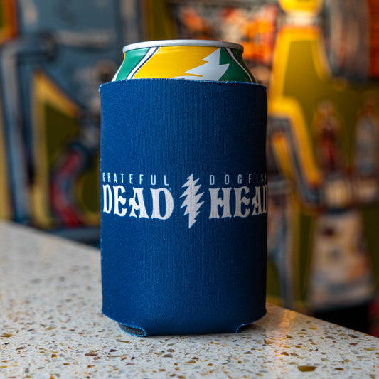 Dogfish Head x Grateful Dead RSD can cooler holding a beer can, showcasing dual branding "Grateful Dead, Dogfish Head" on a navy insulated sleeve.