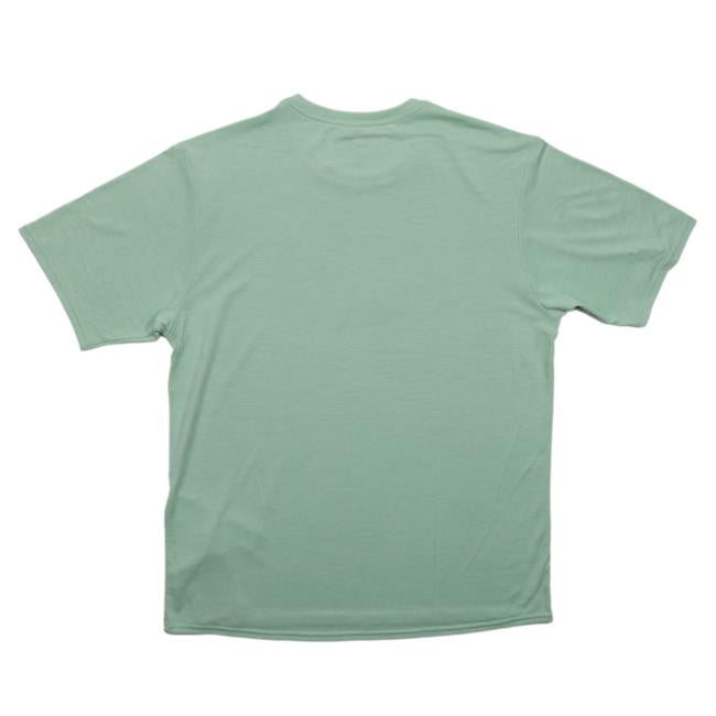 The Patagonia Teal Short Sleeve Runner, a light green performance tee made from recycled polyester, is shown laid flat and viewed from the back against a white background.