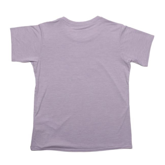 A plain, short-sleeved, light purple women’s running shirt—the Patagonia W Lavender Short Sleeve Runner by Patagonia—is shown laid flat from the back on a white background, highlighting its sustainable athletic tee style.