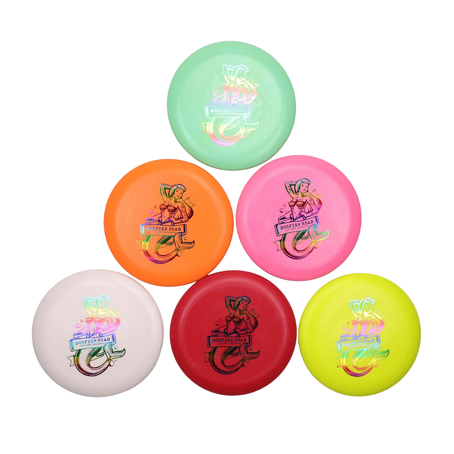 Six vibrant Innova Disc Golf Putter Discs—green, pink, orange, white, red, and yellow—each display a stylized ponytailed woman and “Putter Hard.” Arranged on a white background, they’re perfect for frisbee golf fans.