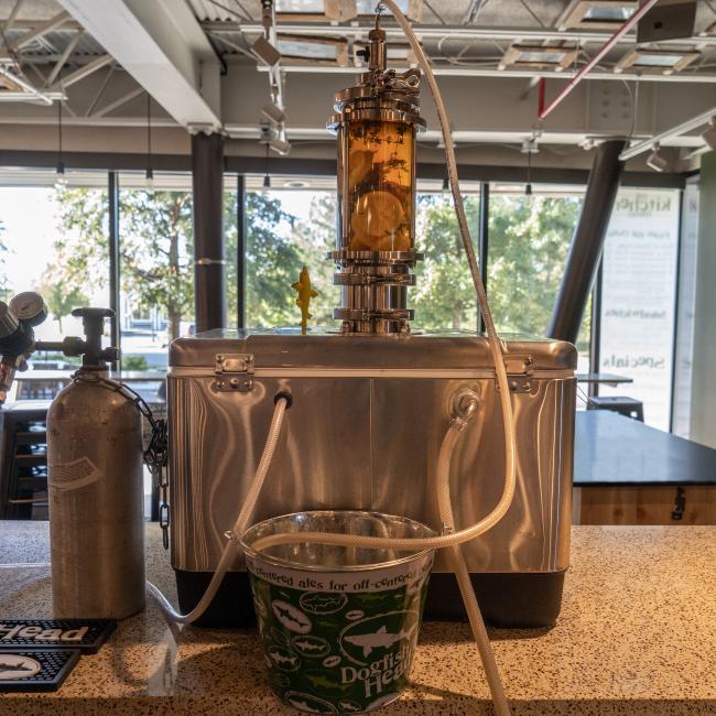 A silver cooler, converted into a jockey box with a stainless-steel draft tower and citrus-infused cylinder, sits on a bar counter. A silver CO2 tank stands to the left. Clear tubing runs from the jockey box to a green and white Dogfish Head branded metal bucket on the counter. The background shows a brightly lit interior with large windows looking out onto trees.