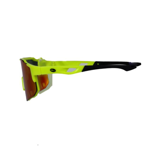 Side view of Arrasmith Promotions LLC Sport Sunglasses, showcasing a bright yellow and black frame with large, angular red-orange reflective lenses for a sleek, modern look.