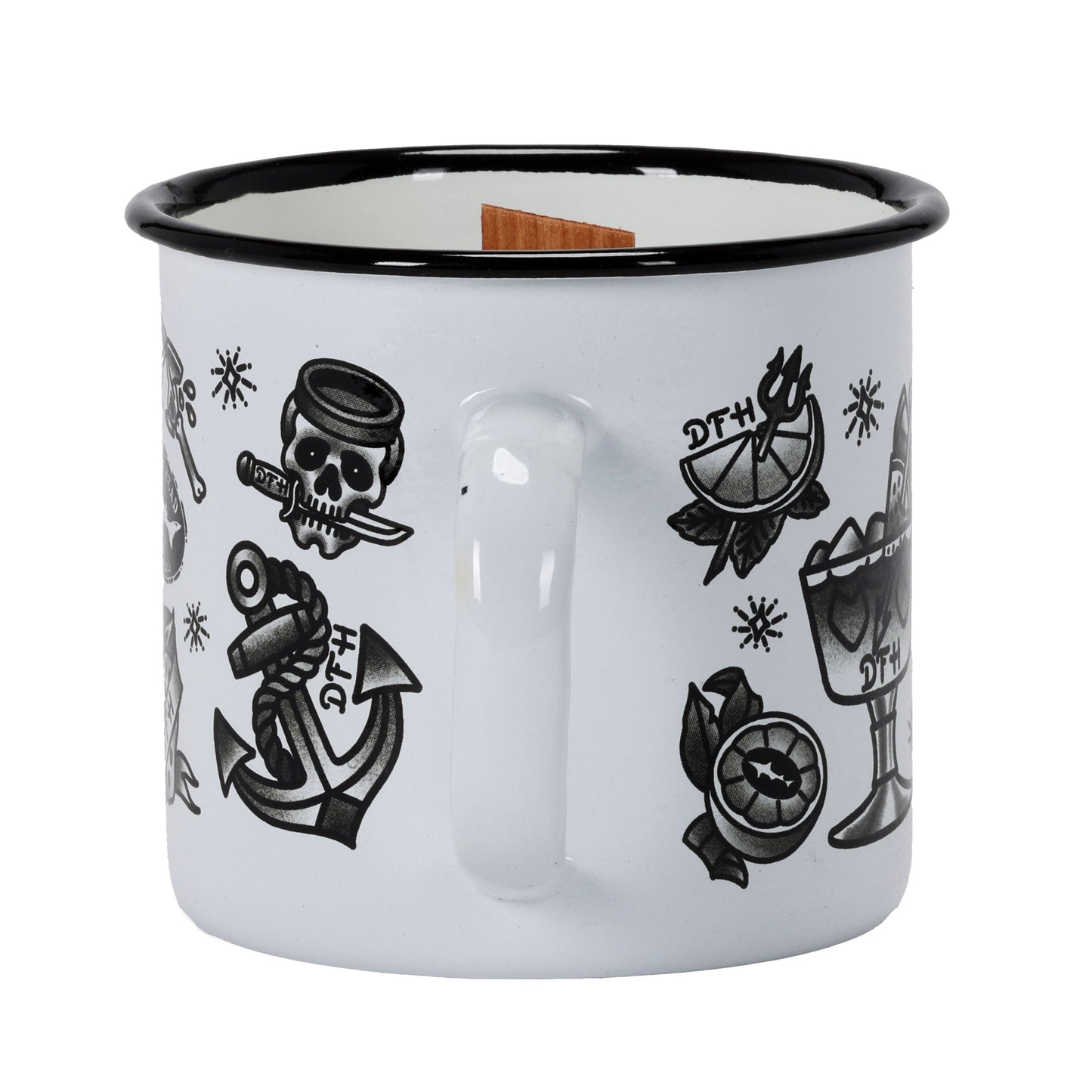 The Tattoo Enamel Mug Candle by Unwined Candles, LLC features classic tattoo-style art—skull with knife, anchor, lemon slice, and more. Durable and reusable with a black rim, it's perfect for edgy adventures or stylish home décor.