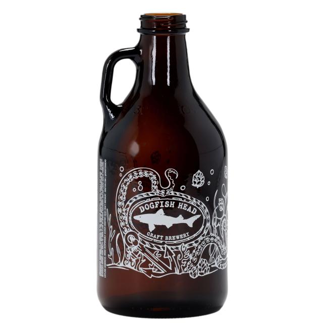 The Under the Sea 32oz Growler by Grandstand Glassware & Apparel features a black cap, amber glass, and a white octopus with an underwater design. It's perfect as a refillable beer growler for your favorite brews.