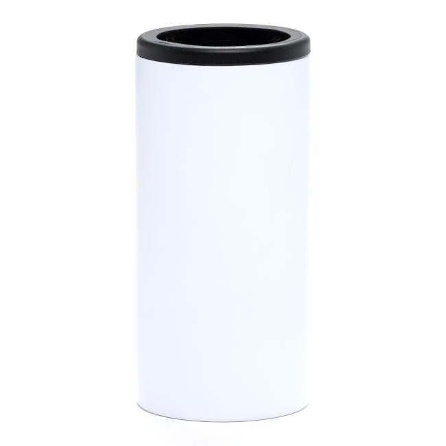 A White Mermaid Slim Can Insulator by Arrasmith Promotions LLC, featuring a plain white cylindrical design with a black rim, stands upright against a white background.