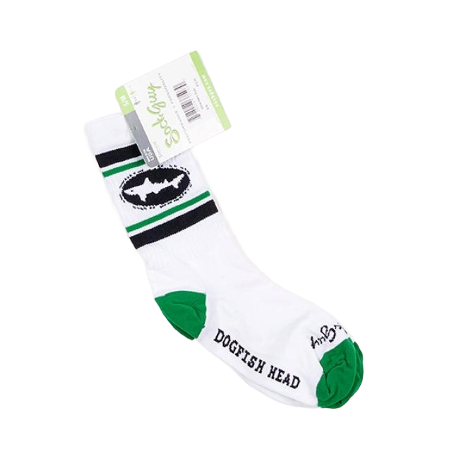 White socks that are green at the toes and heel. The body of the sock features a thick black line followed by a thin green one, the Dogfish Head shark and shield logo and followed by the black and green lines again.