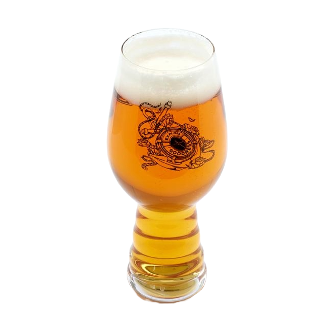 A 19oz glass filled with beer featuring black imagery of underwater designs on the front with writing "Explore Goodness" on it. The other side of the glass features a black Dogfish Head shark and shield logo.