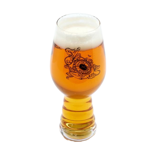 A 19oz glass filled with beer featuring black imagery of underwater designs on the front with writing "Explore Goodness" on it. The other side of the glass features a black Dogfish Head shark and shield logo.