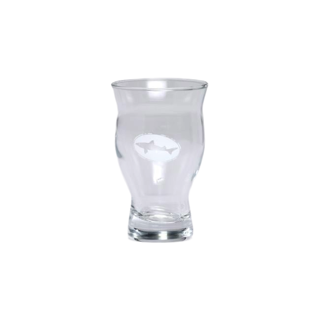The 5oz Revival Tasting Glass by Grandstand Glassware & Apparel features a clear, uniquely shaped design with a slightly flared rim and a white etched fish logo, shown on a plain white background.