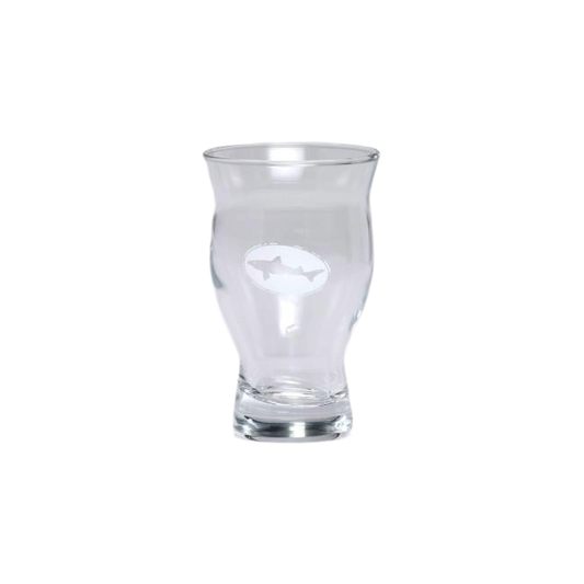 The 5oz Revival Tasting Glass by Grandstand Glassware & Apparel features a clear, uniquely shaped design with a slightly flared rim and a white etched fish logo, shown on a plain white background.