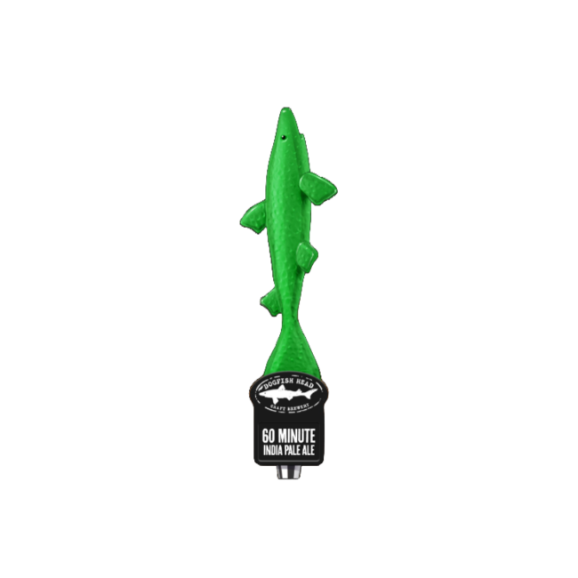 Green tap handle shaped like a shark. The base is black and features the Dogfish Head shark and shield logo and writing "60 Minute India Pale Ale"