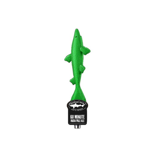 Green tap handle shaped like a shark. The base is black and features the Dogfish Head shark and shield logo and writing "60 Minute India Pale Ale"