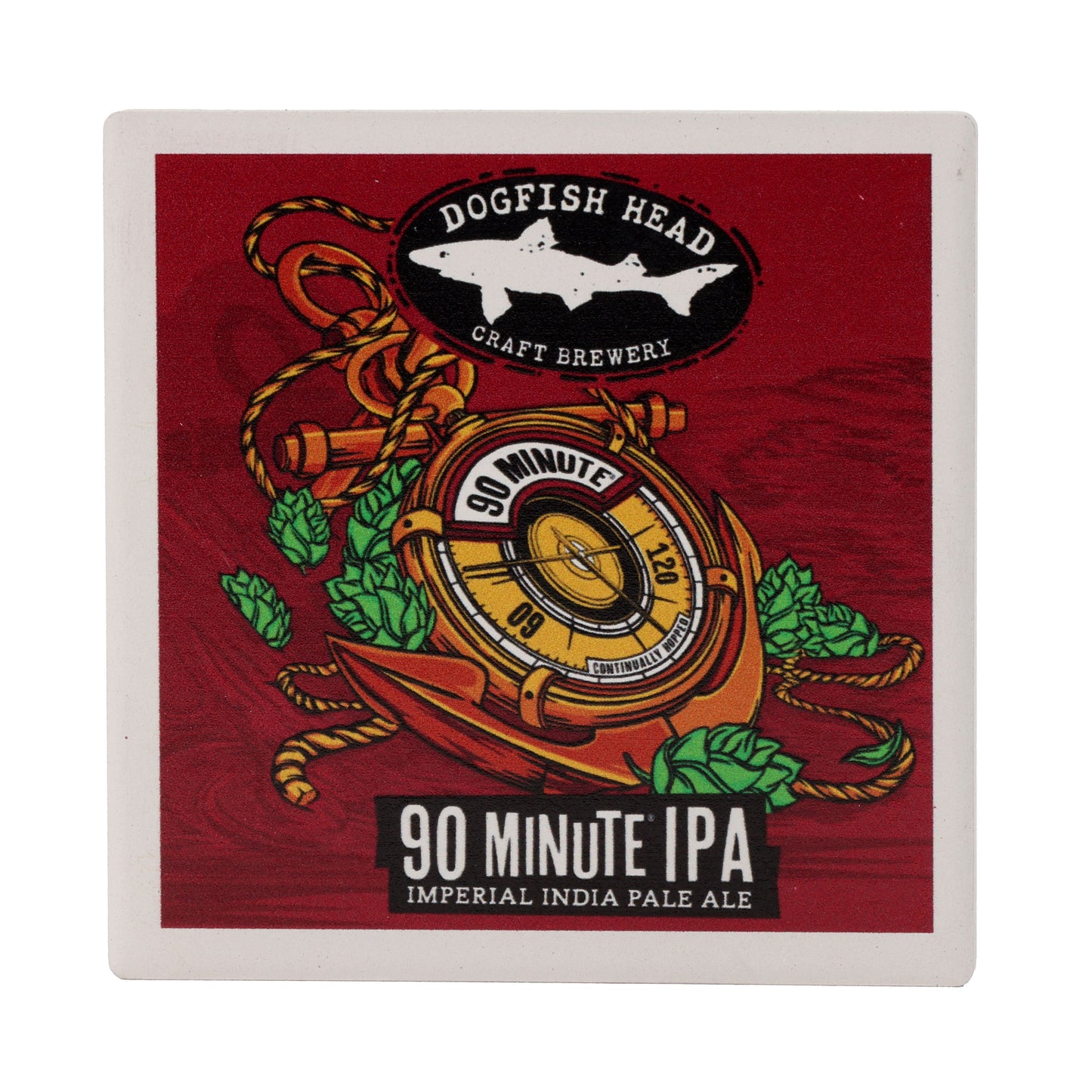 The 90 Minute Ceramic Coaster by Paint the Town, Inc. features a red background with Dogfish Head Craft Brewery’s logo, a gold stopwatch, hop-lined anchors, and text: “90 Minute IPA Imperial India Pale Ale.”.