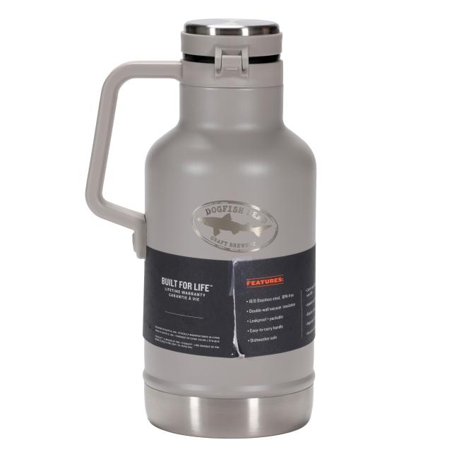 A large, light gray insulated growler with a stainless steel base and top. It has a sturdy light gray handle attached to one side. On the front, near the top, there's a circular embossed logo with a shark that says "DOGFISH HEAD" with "CRAFT BREWERY" below it. Below this, there are two labels. The left label has text that includes "BUILT FOR LIFE™" and "LIFETIME WARRANTY". The right label, titled "FEATURES:", lists several points.