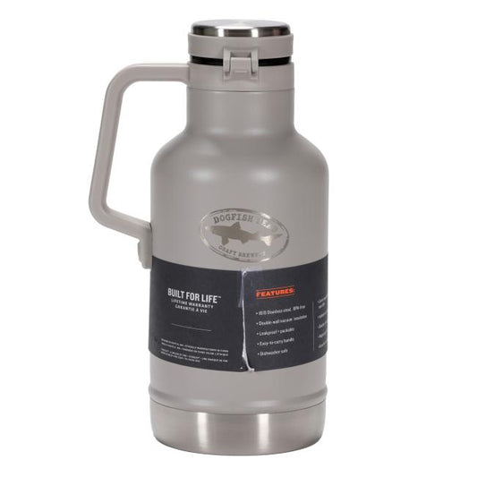 A large, light gray insulated growler with a stainless steel base and top. It has a sturdy light gray handle attached to one side. On the front, near the top, there's a circular embossed logo with a shark that says "DOGFISH HEAD" with "CRAFT BREWERY" below it. Below this, there are two labels. The left label has text that includes "BUILT FOR LIFE™" and "LIFETIME WARRANTY". The right label, titled "FEATURES:", lists several points.
