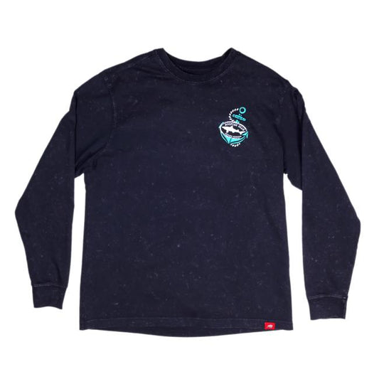 The Sportiqe Apparel Co. Asphalt Anchor Bono Long Sleeve Tee is a black vintage shirt with a small turquoise and white surfboard and wave graphic on the upper left chest, crew neckline, red hem tag, and subtle Dogfish Head style.