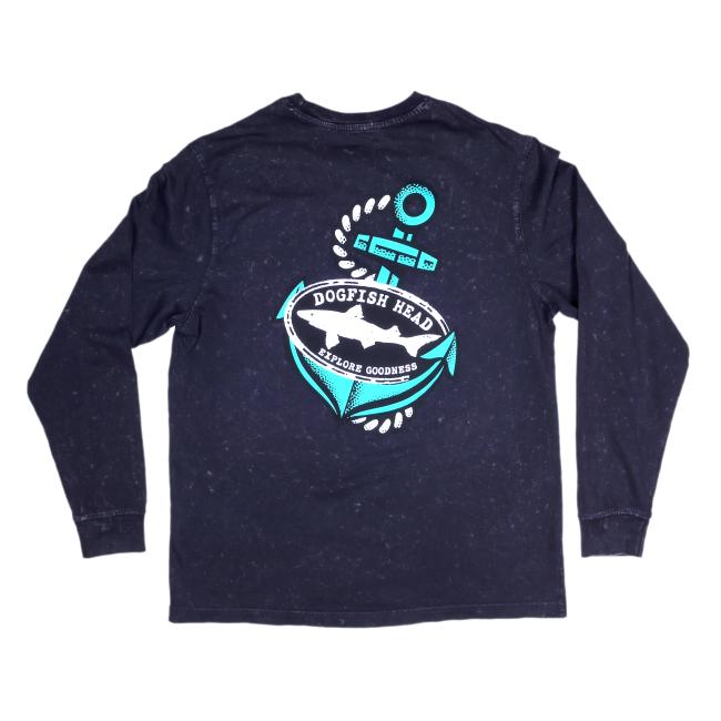 The Sportiqe Apparel Co. Asphalt Anchor Bono Long Sleeve Tee in navy features a striking fish graphic with geometric accents, plus Dogfish Head and Explore Goodness in white and turquoise—perfect for anchor graphic tee fans.