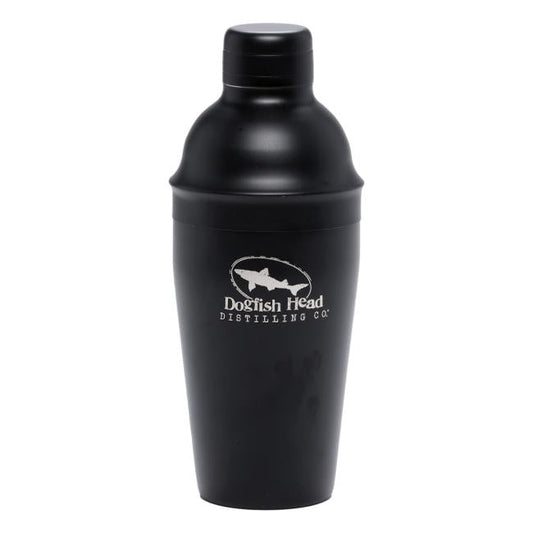 Black cocktail shaker featuring white Dogfish head shark and shield logo on the front with writing "Distilling Co." underneath.