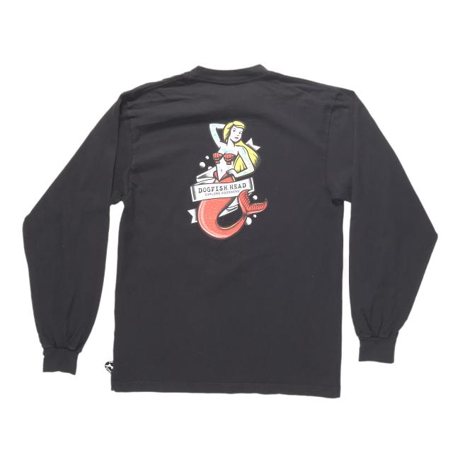 The GO WEST T-SHIRT COMPANY Black Mermaid Long Sleeve Tee features a blonde mermaid with a red tail on the back, holding a "DOOF IS HEAD" banner—a playful Dogfish Head reference—accented by small white details.