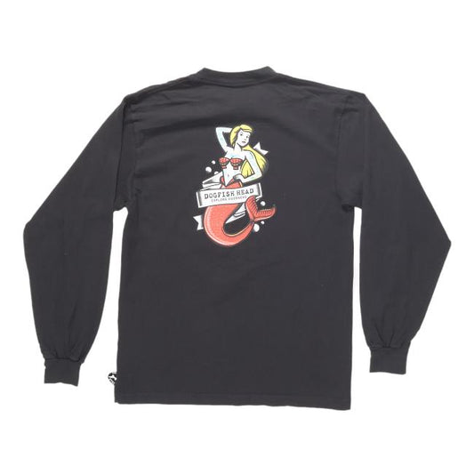 The GO WEST T-SHIRT COMPANY Black Mermaid Long Sleeve Tee features a blonde mermaid with a red tail on the back, holding a "DOOF IS HEAD" banner—a playful Dogfish Head reference—accented by small white details.
