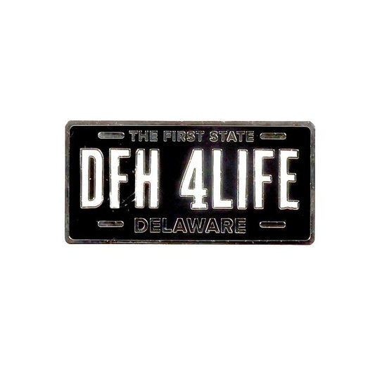 The Black Tag Magnet from Arrasmith Promotions LLC features a black Delaware plate with white "THE FIRST STATE" at the top, bold "DFH 4LIFE" in the center, and "DELAWARE" at the bottom—a must-have for DFH4liferz.