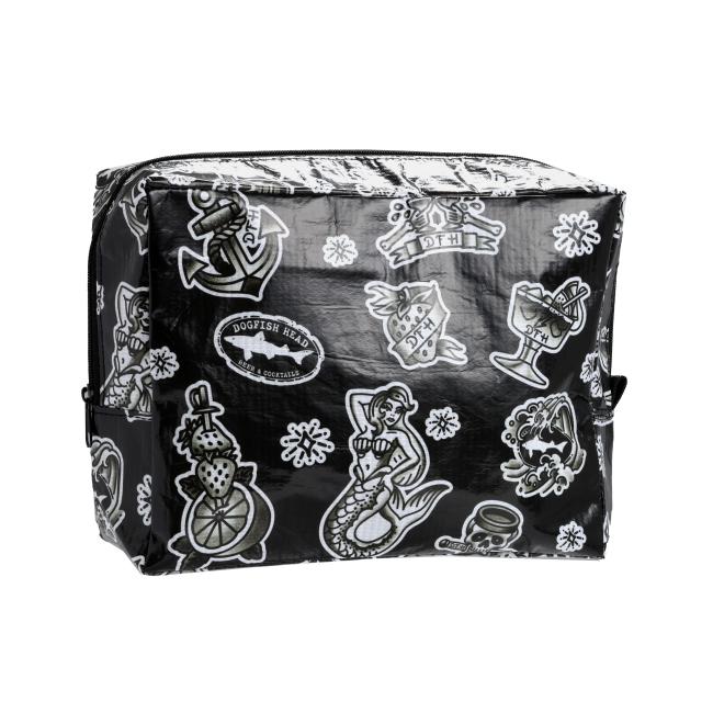 A black, rectangular bag with a glossy finish, featuring a white tattoo-style design. The pattern includes a mermaid, an anchor, a cocktail glass, a banner reading "DFH," and a Dogfish Head Shark and Shield logo, among other nautical and vintage-inspired elements. The bag has a zippered top.