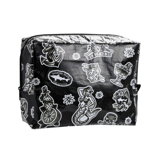A black, rectangular bag with a glossy finish, featuring a white tattoo-style design. The pattern includes a mermaid, an anchor, a cocktail glass, a banner reading "DFH," and a Dogfish Head Shark and Shield logo, among other nautical and vintage-inspired elements. The bag has a zippered top.