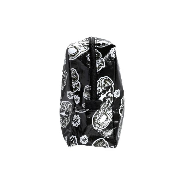 A side profile of the black bag, showcasing its depth and structure. The same white tattoo-style illustrations cover the side, including the mermaid and other nautical designs. A black zipper runs along the top with a small fabric pull tab.