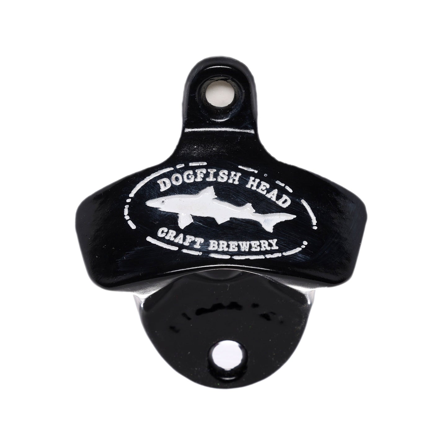 A black wall-mount bottle opener from Brown Manufacturing, featuring a bold logo in white—perfect for adding style and convenience to your home bar.