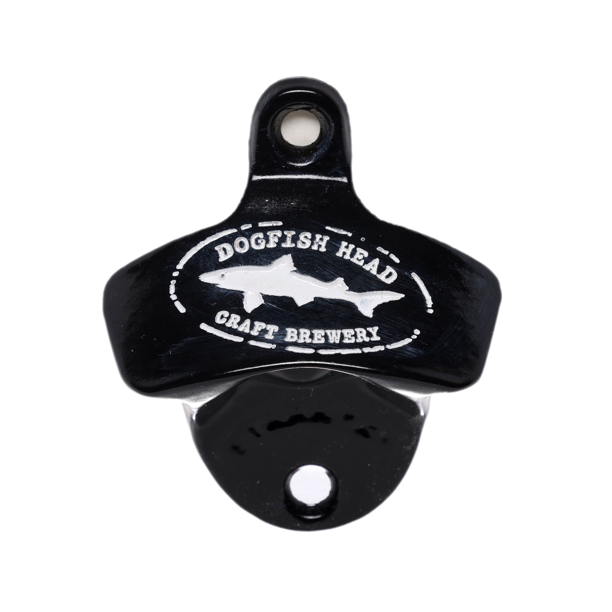 A black wall-mount bottle opener from Brown Manufacturing, featuring a bold logo in white—perfect for adding style and convenience to your home bar.