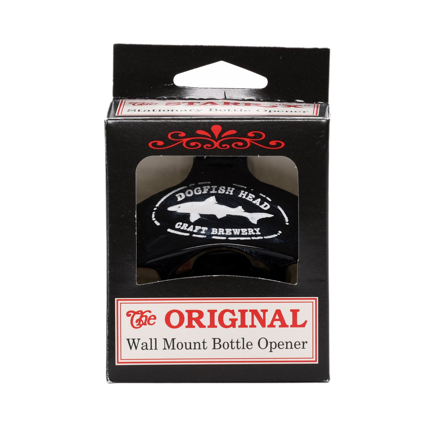 The Black Wall Opener by Brown Manufacturing is a wall-mount bottle opener, boxed for gifting, ideal for your home bar. The packaging displays "The Original Wall Mount Bottle Opener" in red and black text on a white background.