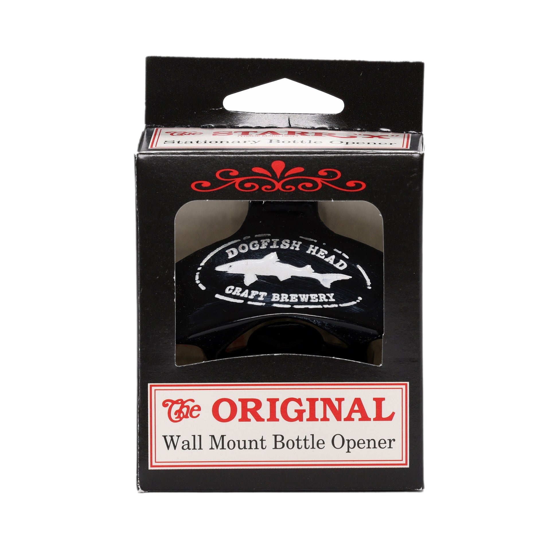 The Black Wall Opener by Brown Manufacturing is a wall-mount bottle opener, boxed for gifting, ideal for your home bar. The packaging displays "The Original Wall Mount Bottle Opener" in red and black text on a white background.