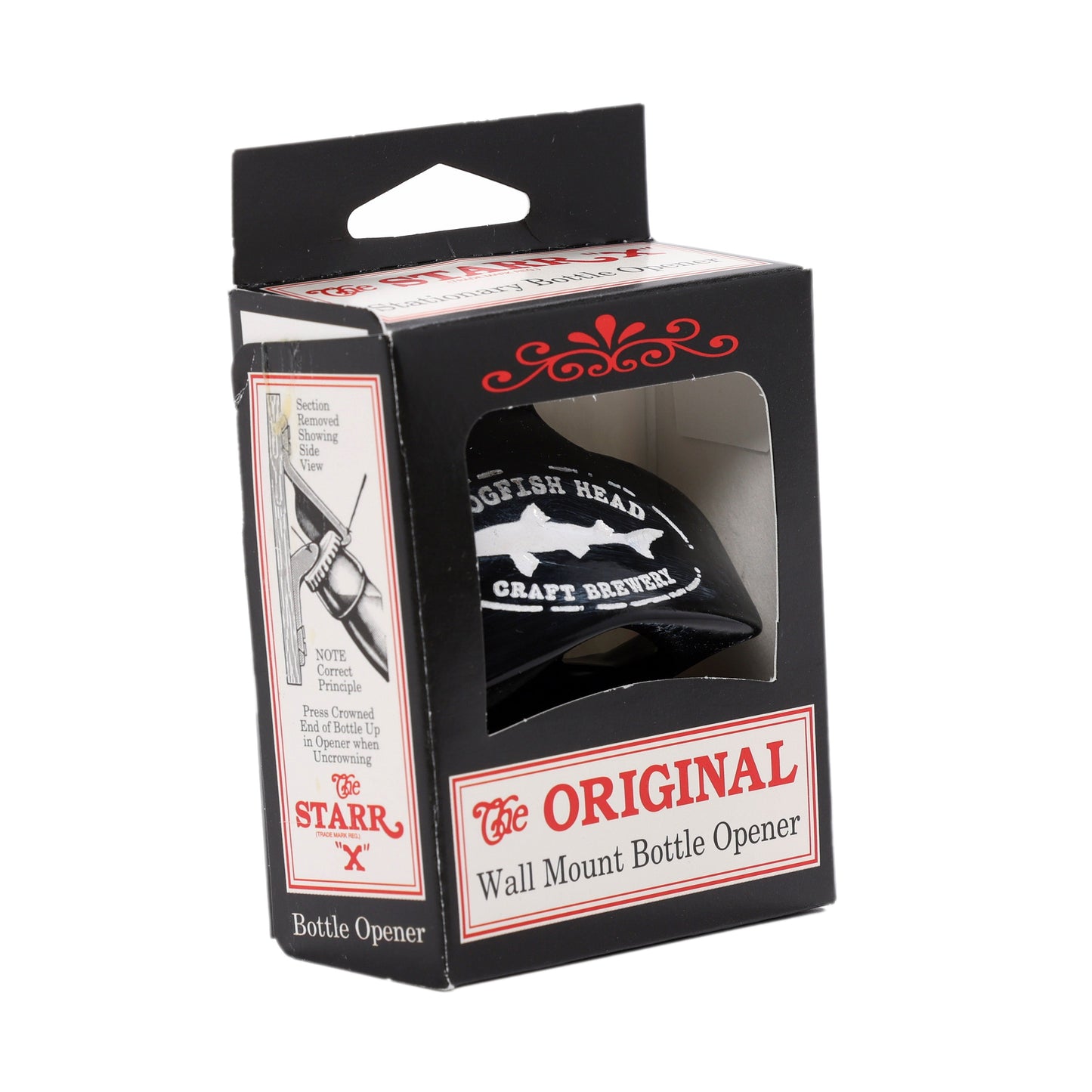 A black box with a clear window showcases the Black Wall Opener by Brown Manufacturing. The packaging reads "The ORIGINAL Wall Mount Bottle Opener" and features an illustration plus usage instructions on the side.