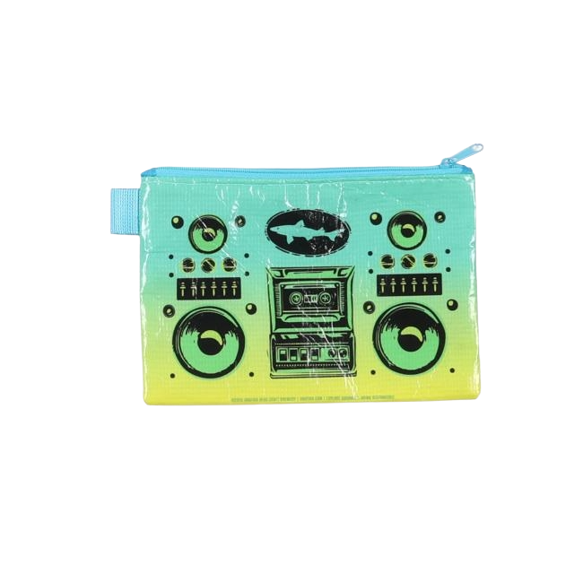 Blue to yellow ombre pouch with designs on it made to look like a boombox. A black Dogfish Head shark and shield logo is featured on the top center of the pouch.