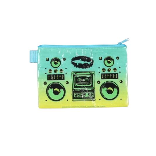 Blue to yellow ombre pouch with designs on it made to look like a boombox. A black Dogfish Head shark and shield logo is featured on the top center of the pouch.
