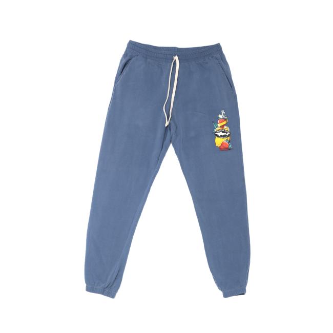 GO WEST T-SHIRT COMPANY Blue Mermaid Sweatpants feature a white drawstring and colorful cartoon graphic on the upper left thigh. Made from soft ring spun cotton and shown on a white background.