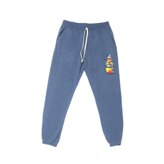 GO WEST T-SHIRT COMPANY Blue Mermaid Sweatpants feature a white drawstring and colorful cartoon graphic on the upper left thigh. Made from soft ring spun cotton and shown on a white background.