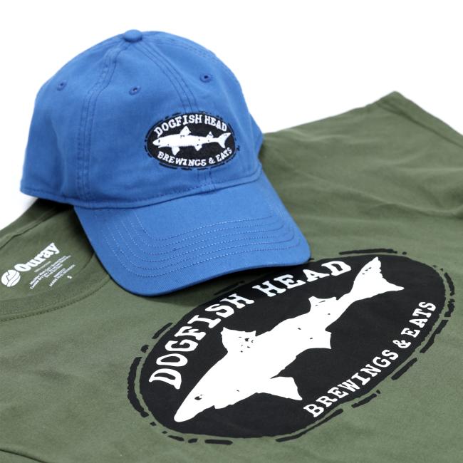 The Brewings and Eats Hat and Tee Pair by L2 Brands includes a blue cap and olive green tee, both with the Dogfish Head Brewing & Eats logo—ideal for fans of great beer and relaxed style.