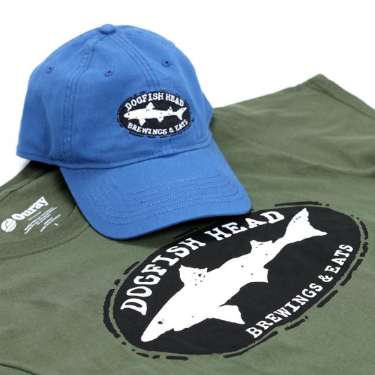 The Brewings and Eats Hat and Tee Pair by L2 Brands includes a blue cap and olive green tee, both with the Dogfish Head Brewing & Eats logo—ideal for fans of great beer and relaxed style.