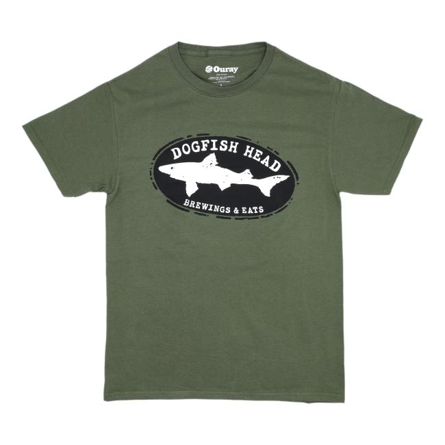 An olive green L2 Brands t-shirt with a black oval logo, white shark silhouette, and "Dogfish Head Brewing and Eats" on the chest. Pairs perfectly with the Brewings and Eats Hat and Tee Pair.
